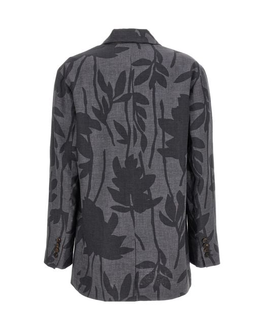 Brunello Cucinelli Gray Floral Printed Single-Breasted Blazer