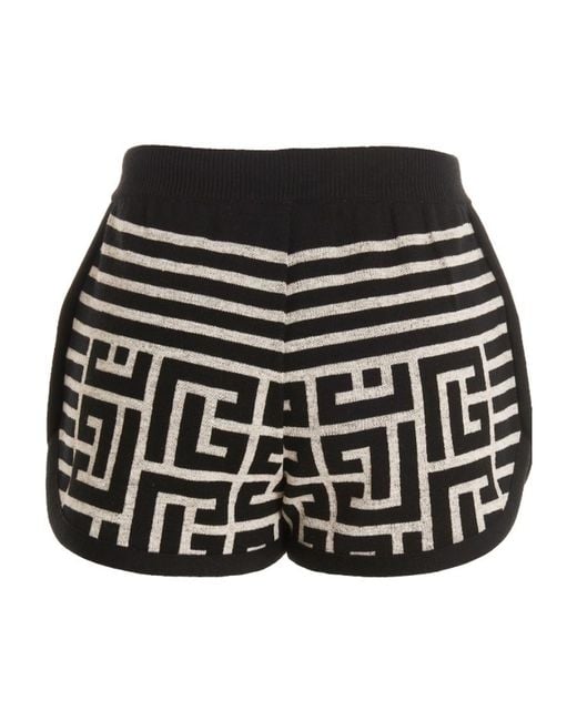 Balmain Black Monogram-Jacquard Wool Shorts