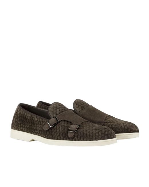 Doucal's Brown Dark Woven Suede Double-Buckle Loafer for men