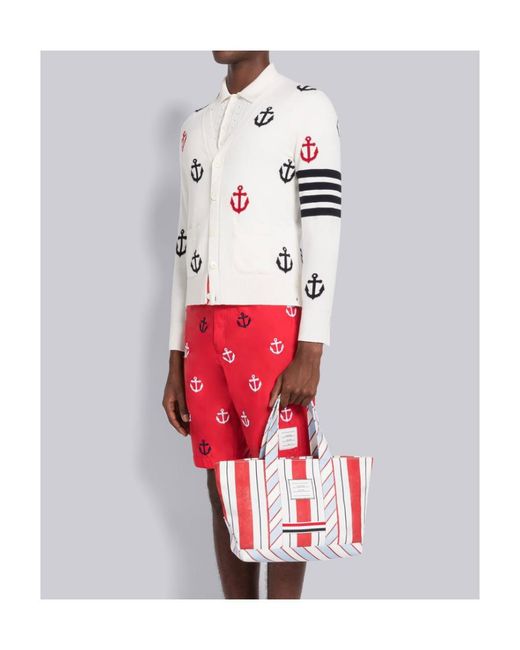 Thom Browne Red Logo Patch Striped Tote Bag for men