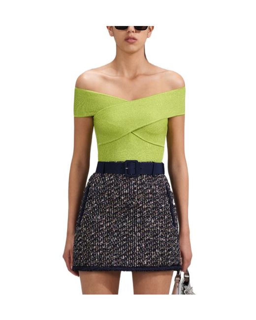 Self-Portrait Green Lurex Knitted Off-Shoulder Top