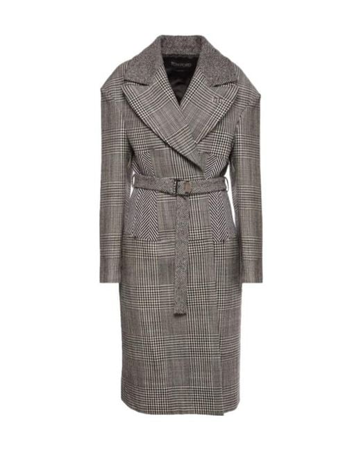 Tom Ford Gray Prince Of Wales Wool Belted Midi Coat