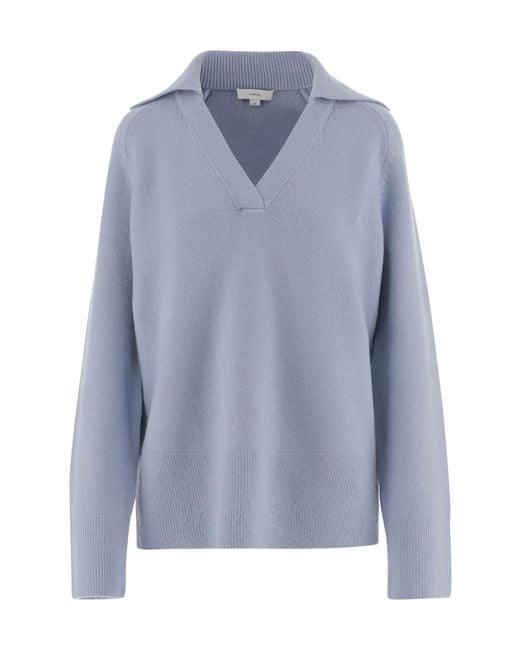 Vince Blue Ribbed Collar V-Neck Sweater