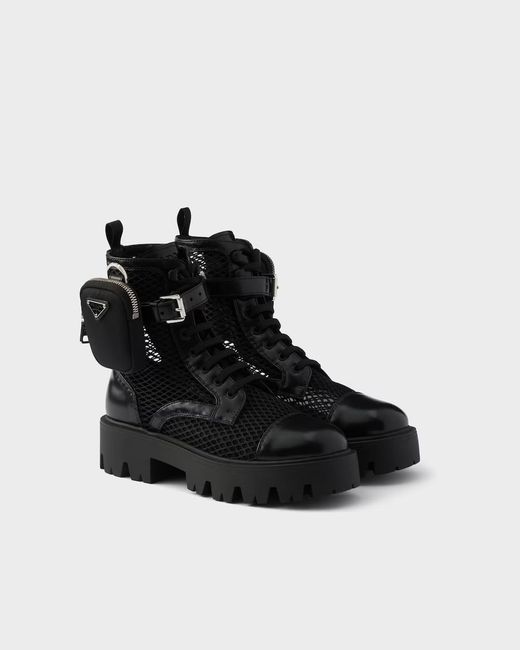 Prada Black Mesh Fabric And Brushed Leather Booties With Pouch