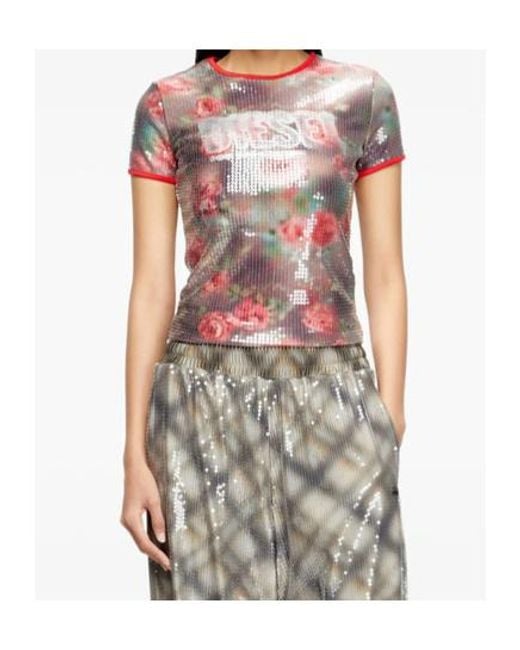 DIESEL Pink T-Unkyel Sequinned Skinny Floral Print Jersey Top