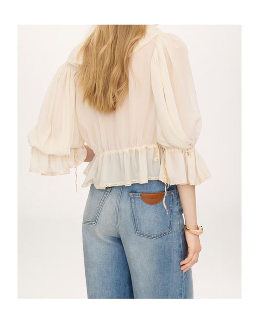 Chloé White Lace V-Neck Ruffle Top