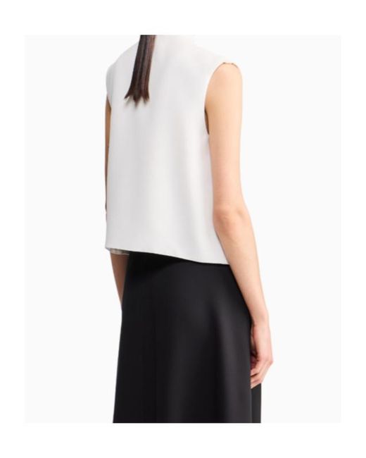 Giorgio Armani White Shirt Sleeveless Mandarin Collar Silk Cady Detachable Brooch