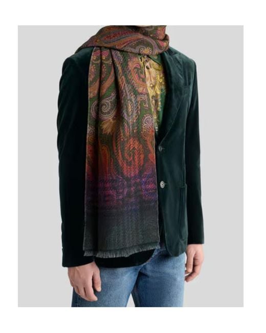 Etro Brown Wool Jacquard Scarf With Check Print And Faded Paisley Motif for men