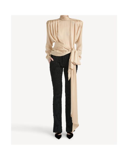 Balmain Natural Silk Charmeuse Blouse With Padded Shoulders And Tie