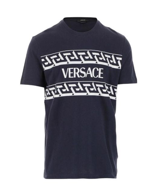 Versace Blue Greca Logo-Print T-Shirt for men