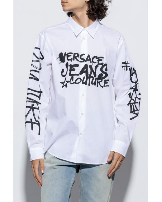 Versace Jeans White Couture Logo-Printed Long-Sleeved Shirt for men