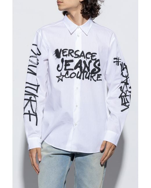 Versace Jeans White Couture Logo-Printed Long-Sleeved Shirt for men