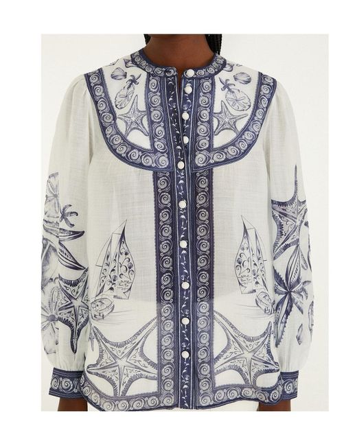 Farm Rio Gray Seaside Print Long Sleeve Top