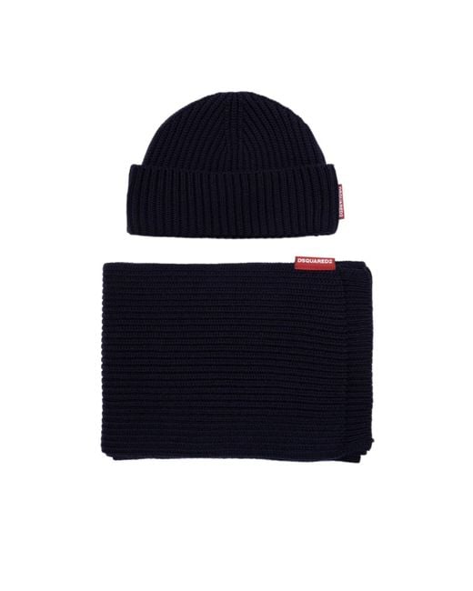 DSquared² Blue Logo Tag Ribbed-Knit Beanie Scarf Set for men