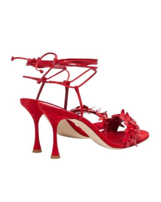 Manolo Blahnik Red Elegant Floral Decor High Heel Sandals