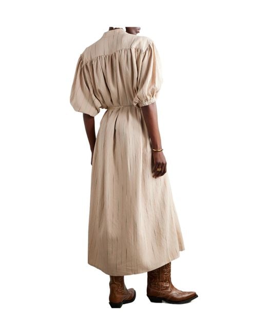 Fortela Natural Belted Appliquéd Embroidered Woven Midi Dress