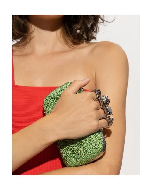 McQueen Green Skull Rhinestone-Embellished Crossbody Bag