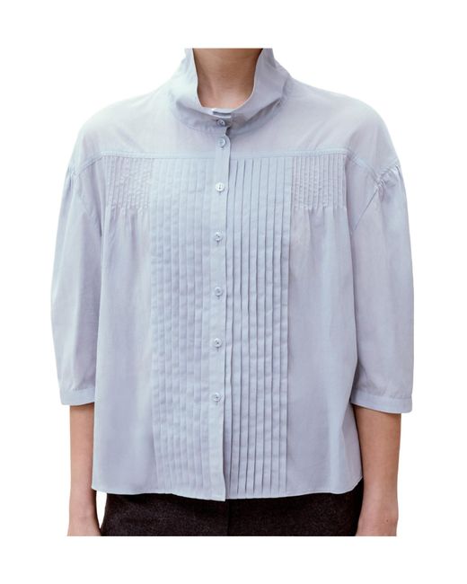 Low Classic Blue Pintuck High-Neck Blouse