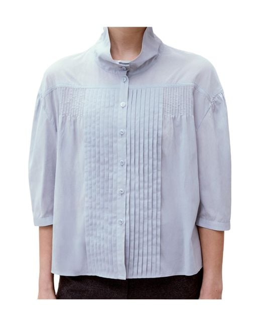 Low Classic Blue Pintuck High-Neck Blouse