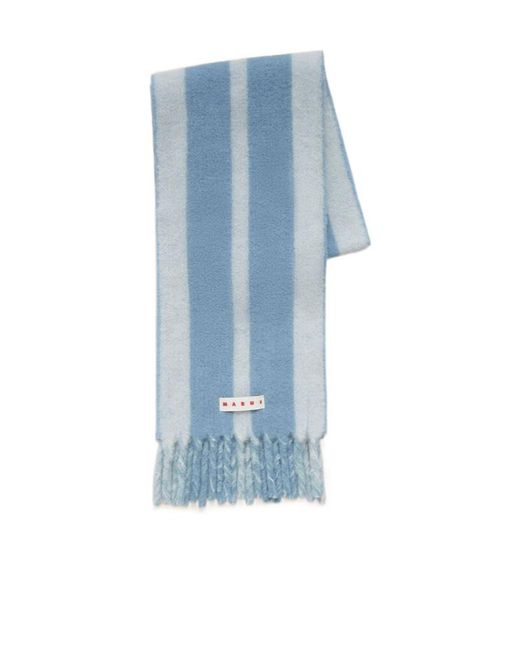 Marni Blue Striped Fringe Detailed Scarf