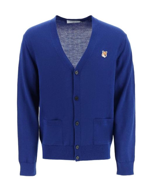 Maison Kitsuné Blue Maison Kitsuné Chillax Fox-Patch V-Neck Cardigan for men