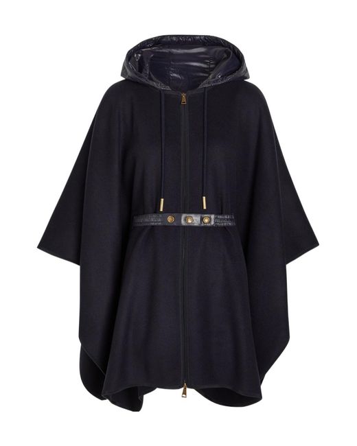 Moncler Blue Hooded Belted Wool-Blend Cape Coat