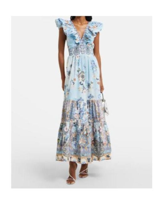 Camilla Blue Shirred Floral Cotton Maxi Dress