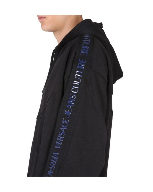 Versace Jeans Black Couture Logo Tape Drawstring Hoodie for men