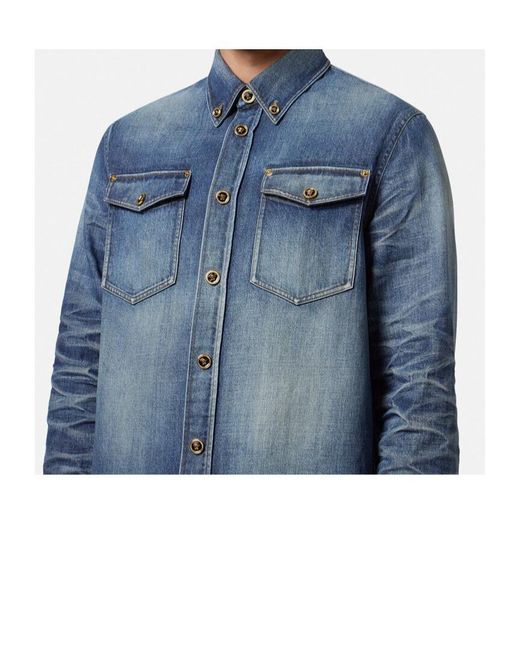 Versace Blue Button-Up Denim Overshirt for men