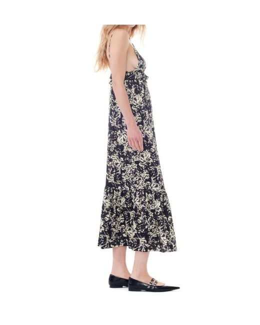 Ganni White Flan Printed Satin Strap Dress