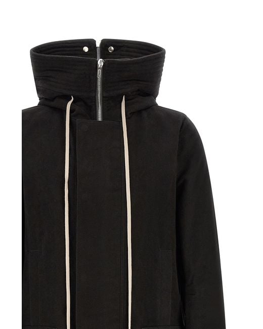 Rick Owens Black Drawstring-Hood Zipped Coat for men