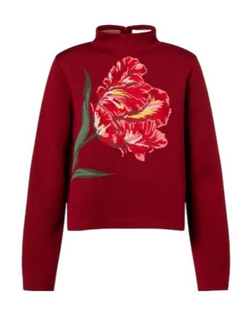 Carolina Herrera Red Floral Jacquard Cotton And Wool Sweater