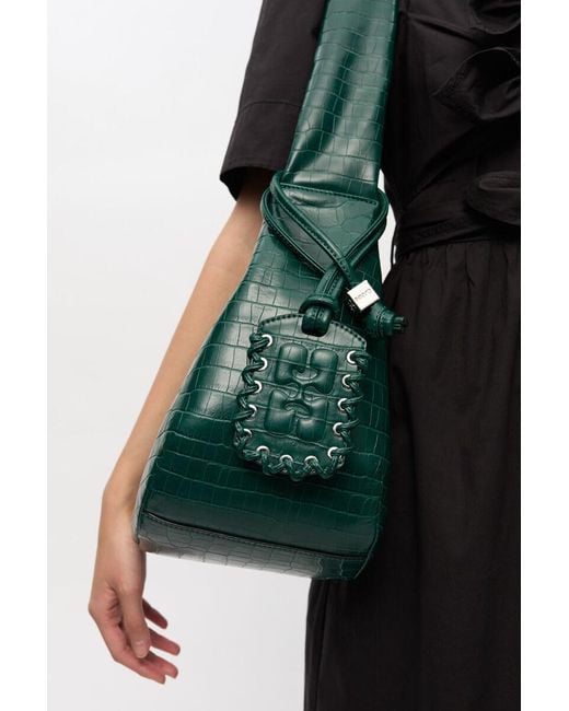 Ganni Green Embossed Zipped Shoulder Bag
