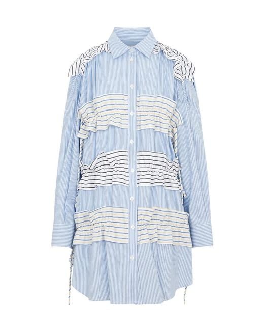 MSGM Blue Ruffle-Stripe-Detail Buttoned Mini Dress