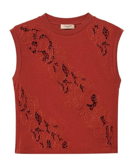 Twinset Red Broderie Sleeveless Top