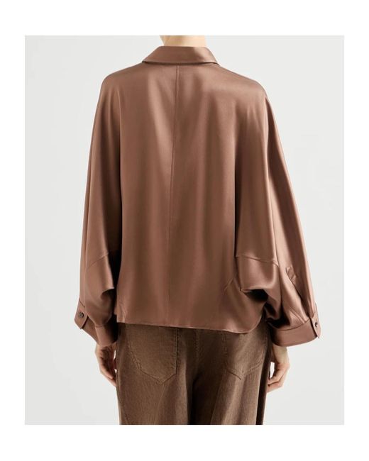 Brunello Cucinelli Brown Stretch Silk Satin Shirt With Monili