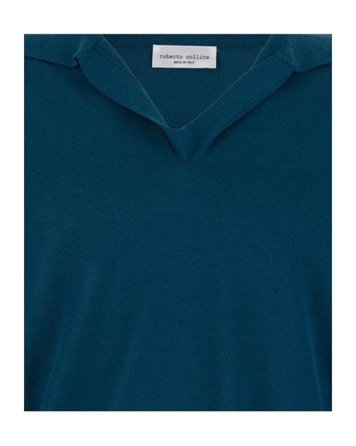 Roberto Collina Blue Open-Collar V-Neck Knitted Sweater for men
