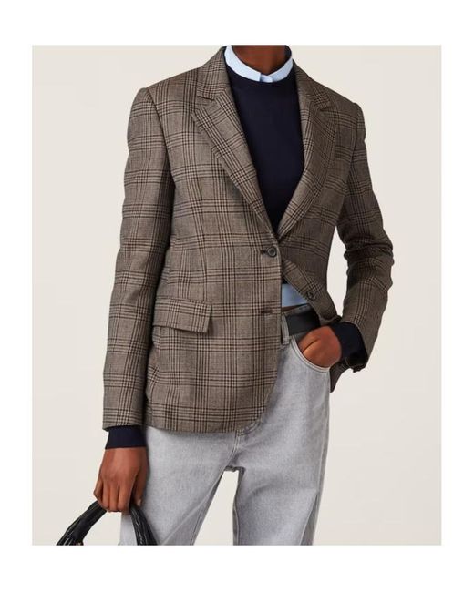 Miu Miu Brown Single-Breasted Prince Of Wales Check Jacket