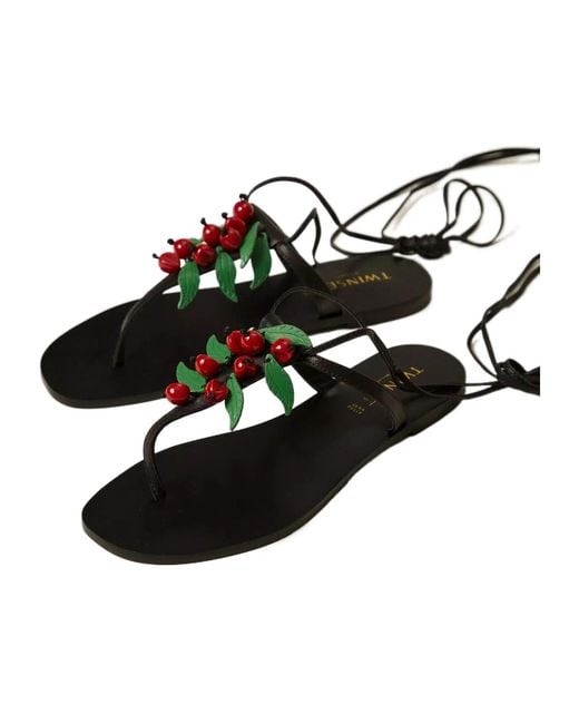 Twinset Multicolor Beaded Ankle-Tie Flat Sandals