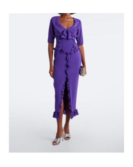 Alessandra Rich Purple Pleated Silk Crepe Midi Dress