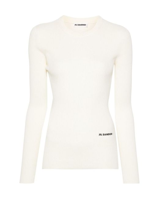 Jil Sander White Logo-Print Fitted Jumper