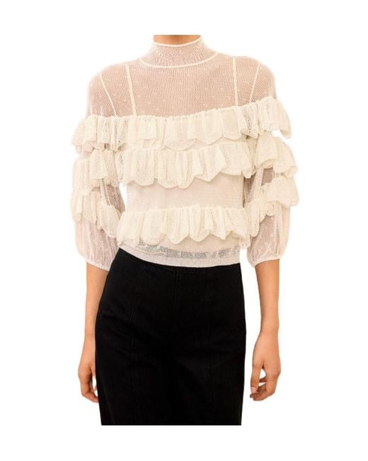 Ulla Johnson Natural Corinna Mock Neck Tiered Ruffle Top