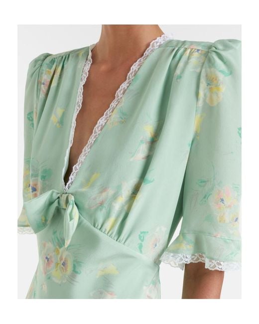 Alessandra Rich Green Lace-Trimmed Floral Silk Minidress