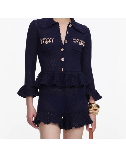 Self-Portrait Blue Crochet Ruffled Shorts