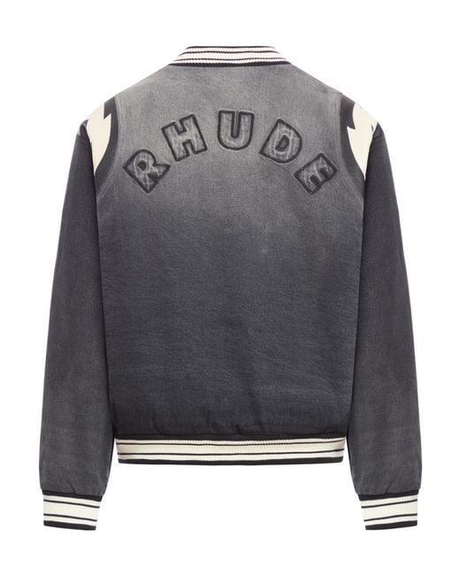 Rhude Gray Varsity Denim Bomber Jacket for men