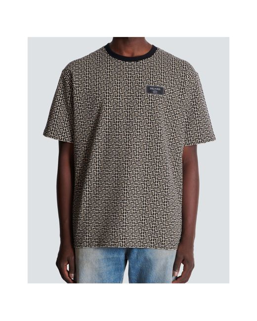 Balmain Gray Logo Patch Monogrammed T-Shirt for men
