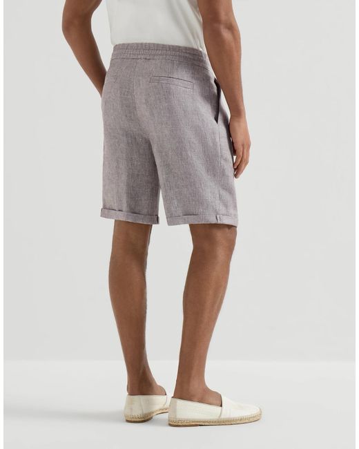 Brunello Cucinelli Gray Linen And Hemp Diagonal Bermuda Shorts With Drawstring And Double Pleats for men