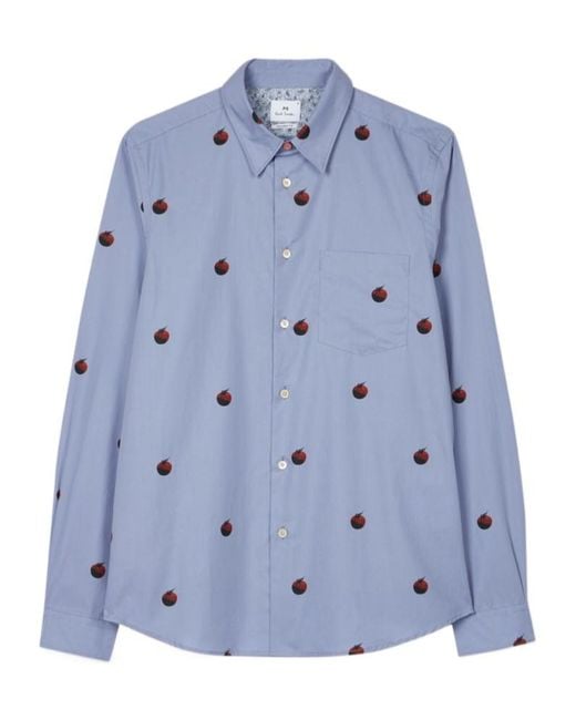 Paul Smith Blue Tomato-Print Poplin Shirt for men
