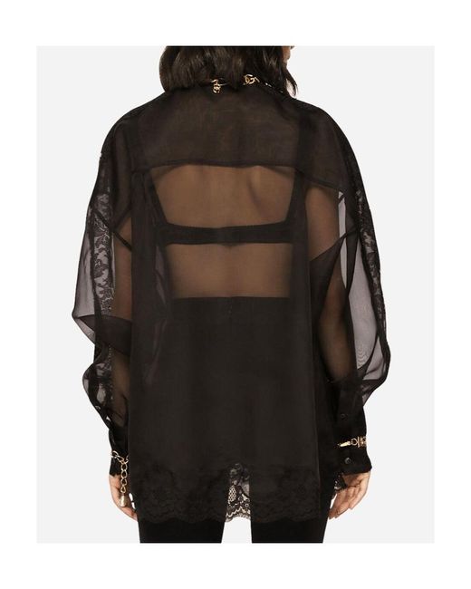 Dolce & Gabbana Black Floral Lace-Detailed Semi-Sheer Buttoned Shirt