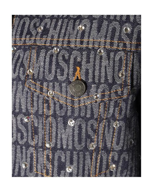 Moschino Blue Allover Logo Rhinestone Button-Up Jacket